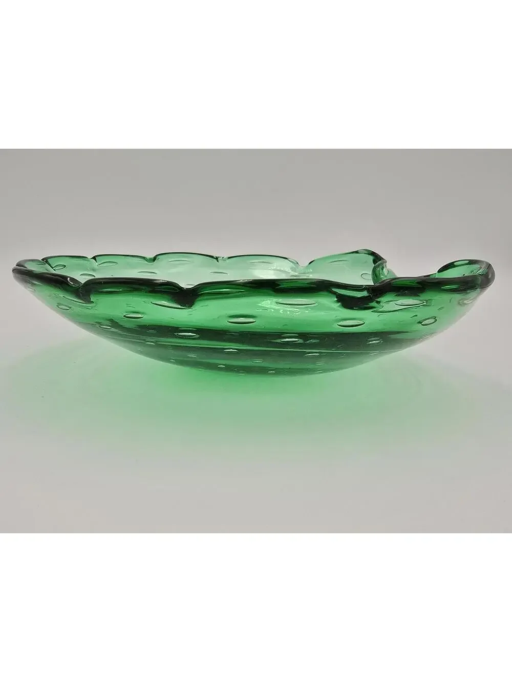 Vintage Green Controlled Bubble Art Glass Bowl Murano Style Scalloped Candy Dish